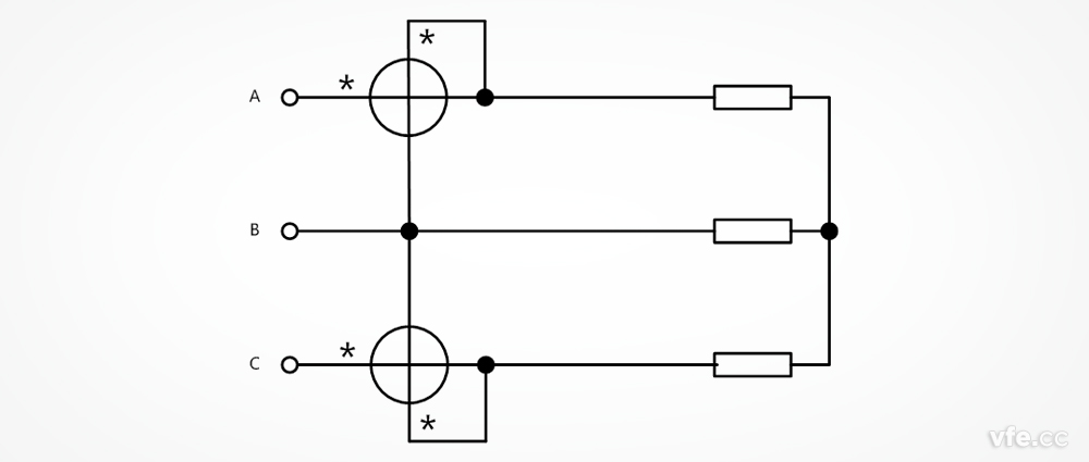三相三线制电功率测量时的SP系列变频功率传感器接线图(二瓦计法)