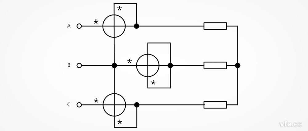 三相三线制电功率测量时的SP系列变频功率传感器接线图(GB T1032规定的方法)