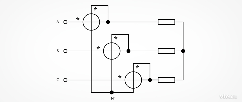 三相三线制电功率测量时的SP系列变频功率传感器接线图(虚拟中性点的三瓦计法)