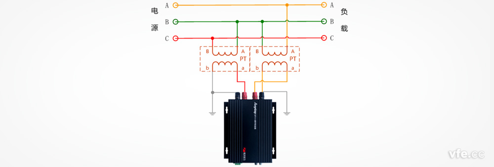 DT122数字变送器与两个单相电压互感器测量三相电压接线图