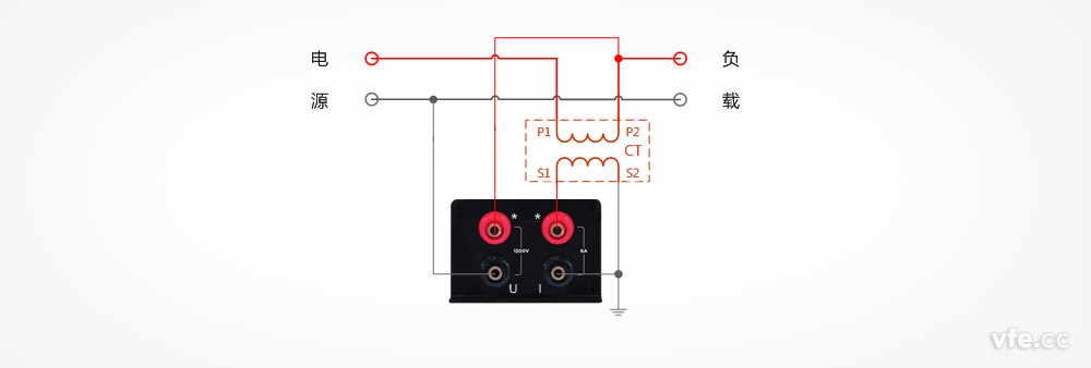 DP800数字功率计用于电压直测、电流用互感器单相双线系统测量接线图