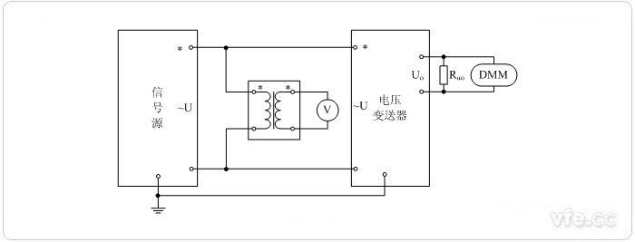 电压输出型电压变送器(电压互感器扩展标准表量程) 电压校准接线图