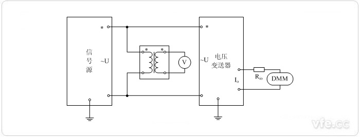 电流输出型电压变送器(电压互感器扩展标准表量程) 电压校准接线图